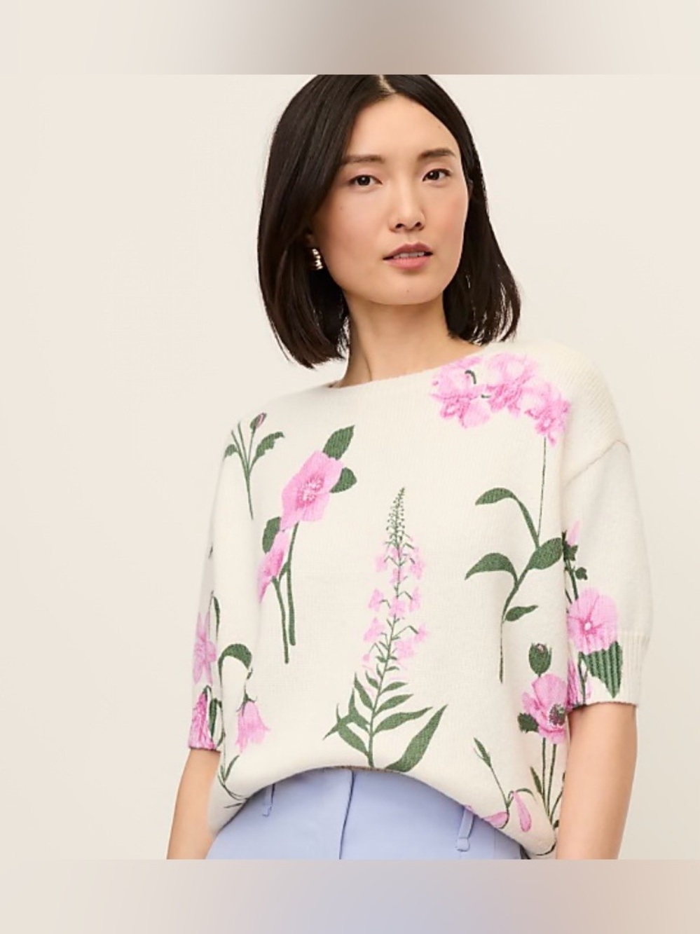 Ann Taylor Cream Crewneck Sweater with Pink Floral Print — NWT